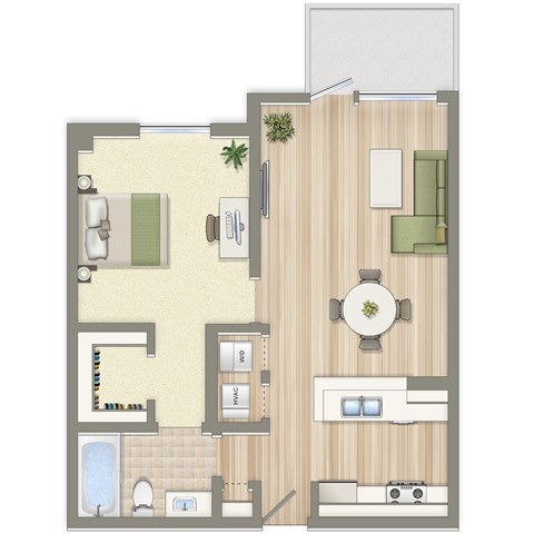 Floor plan for 1 bed, 1 bath, 640 sqft